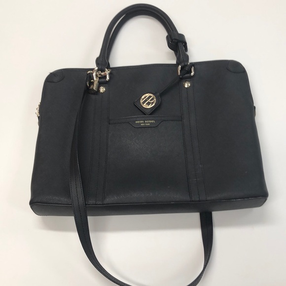 Henri Bendel crossbody briefcase laptop satchel.  Nice condition in Black & Gold - Picture 1 of 12